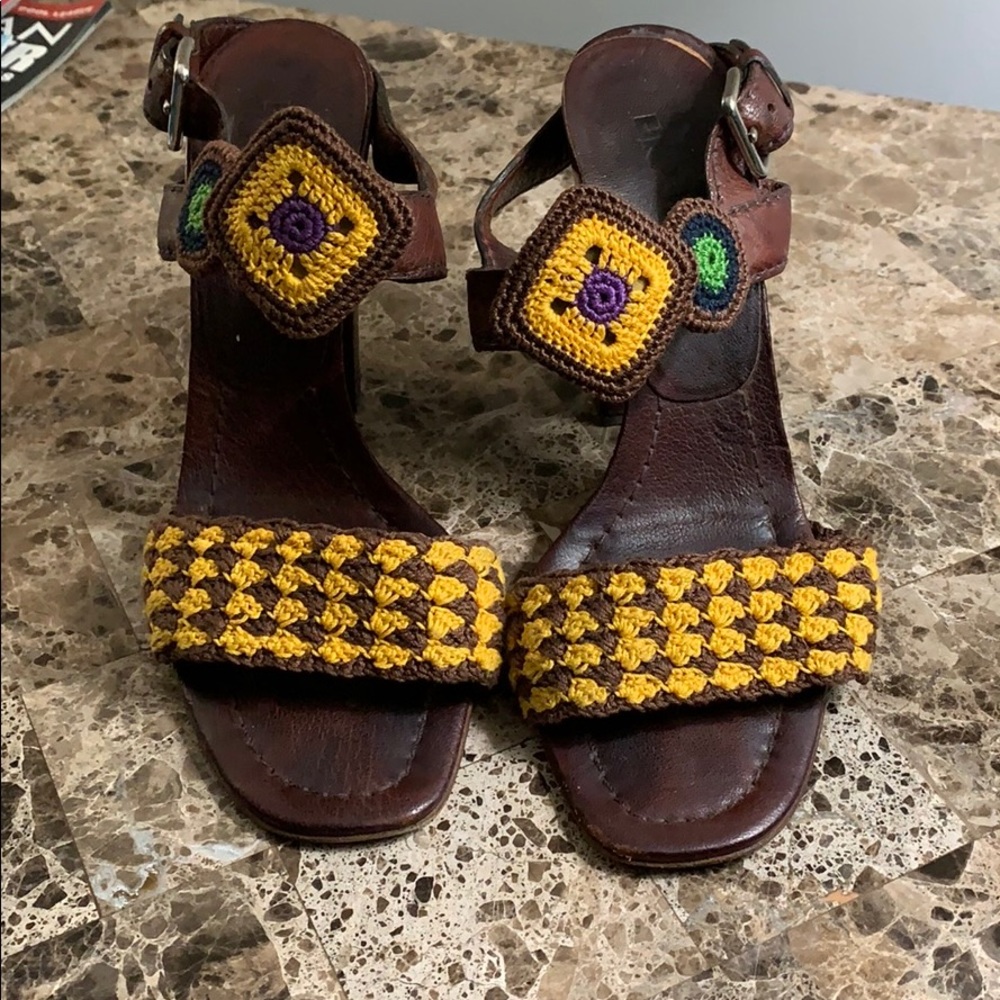 PRADA Brown Macrame TStrap Wooden Heel Slingback🤗